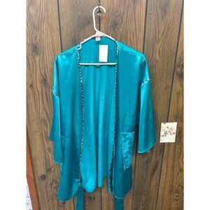 Victorias Secret Teal Silk Robe With Leopard Trim & Floral Detail S/M